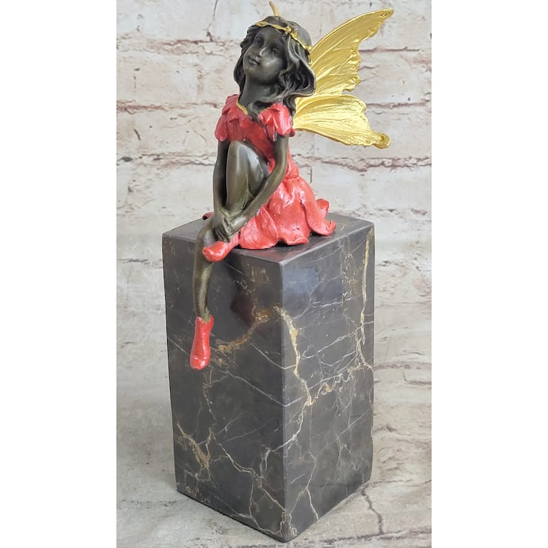 Colorful Winged Fairy Girl Bronze Sculpture Statue Figure On Marble Base By Milo