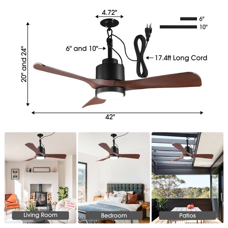 Vaczon 42" Classic Walnut Waterproof Wet Outdoor Smart Ceiling Fan with Light and Remote, App Control