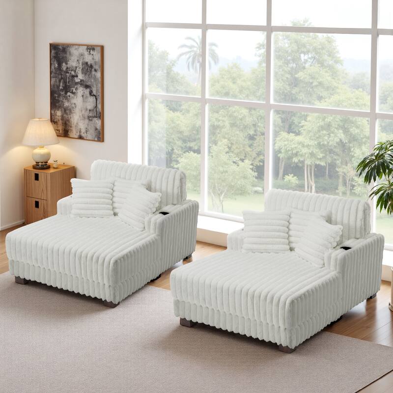 2 Set Modern Plush Sofa Chaise with Pillows and Cup Holder