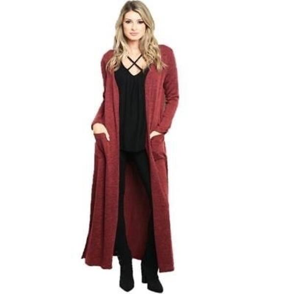 Shop Haute Boho Burgundy Open Front Full Length Knit Maxi