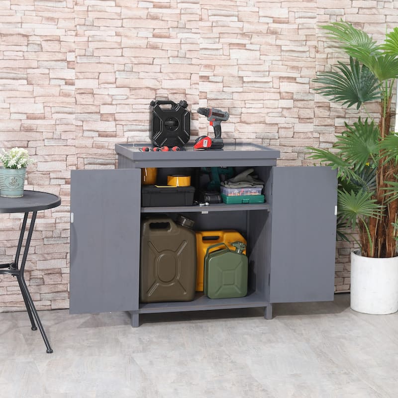 Garden Storage Cabinet, Outdoor Tool Shed with Galvanized Top and Two Shelves for Yard Tools or Pool Accessories