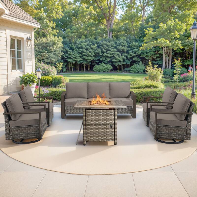 Pocassy 4/6/8PCS Sofa Swivel Chair with Fire Pit Table Set - Grey Wicker Gray Cushion - 6-Piece Sofa Swivel Chair with Fire Table