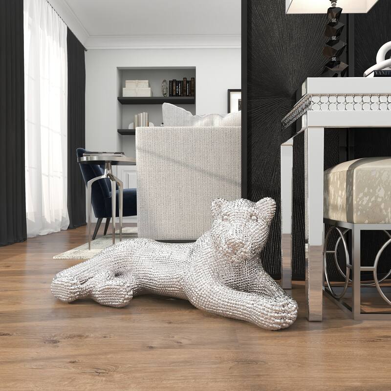 Polystone Floor Leopard Sculpture with Carved Faceted Diamond Exterior - Black or Silver