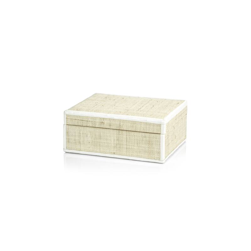 Reggio Natural Fiber Raffia Decorative Box - Small - White Leather Trim