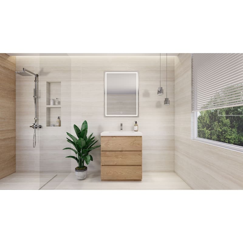 Angeles 30 natural oak finish freestanding bath vanity with single basin reinforced acrylic top
