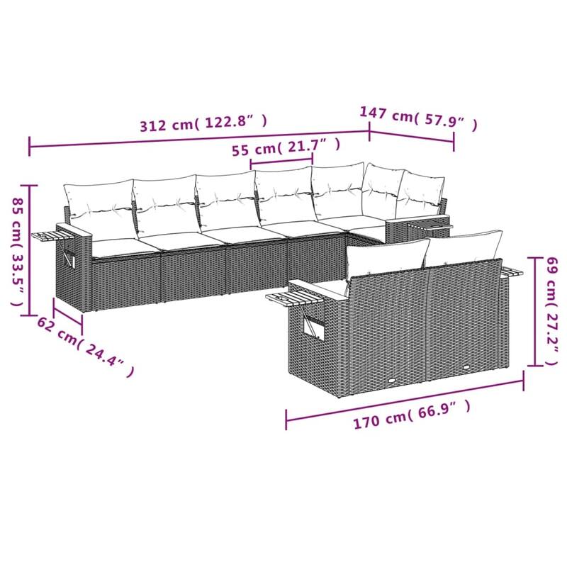 vidaXL 8 Piece Patio Sofa Set with Cushions Black Poly Rattan