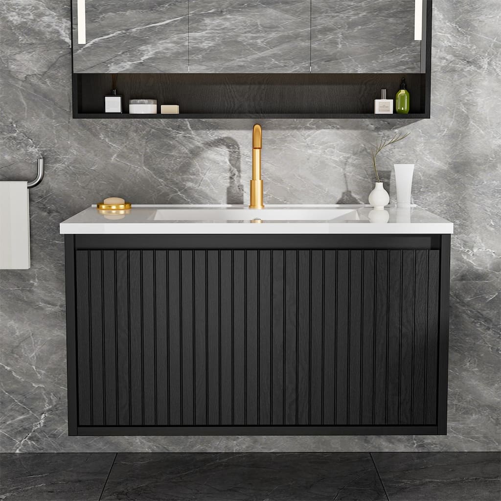 GDFStudio - Ari Modern Aesthetic Freestanding Bathroom Vanity with Ceramic Sink, Soft Close Drawers & Large Storage Spaces