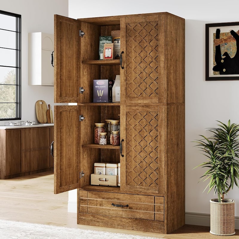 70-Inch Kitchen Pantry Cabinet, Tall Bakers' Rack Kitchen Cabinet with Doors and Drawer - N/A - Brown