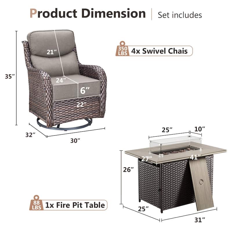 Pocassy 5 Pieces Outdoor 6 Inch Swivel Chair with Fire Pit Table