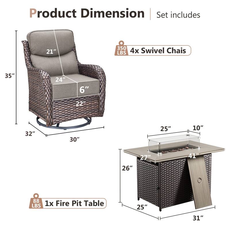 Pocassy Outdoor 6 Inch Sofa Chair Ottoman with Fire Pit Table Set