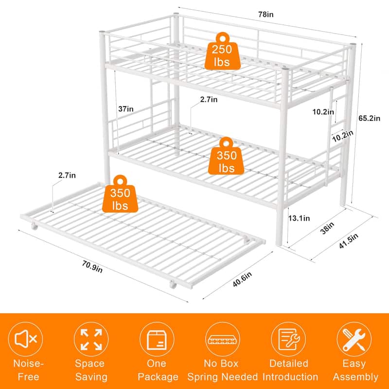 Twin Over Twin Bunk Bed with Trundle, Detachable Twin Bunk Beds w/ 2 Side Ladders & Full-Length Guardrails