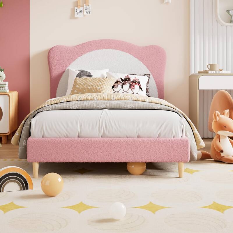Velvet Kids Bed Frame with Adjustable Scallop Headboard, Princess Style Platform Bed, Solid Wood Slats - Full - Pink
