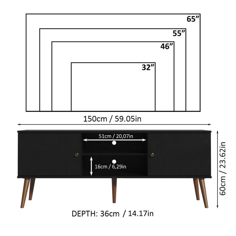 Madesa TV Stand Mid-Century Console with 2 Doors and 2 Shelves and Metal Knobs for 55, 65 Inch Media Storage - 59 inches