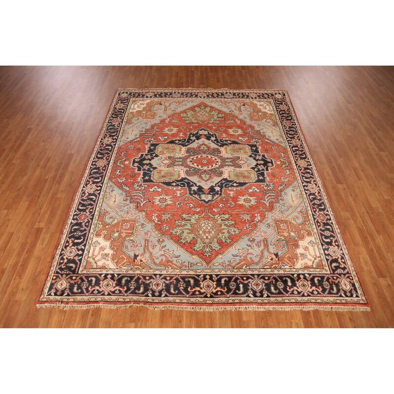 Orange Medallion Heriz Serapi Indian Area Rug Hand-Knotted Wool Carpet - 7'11" x 9'11"