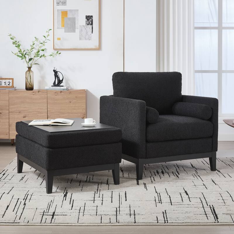 Upholstered Wood Base Square Accent Arm Chair with Ottoman