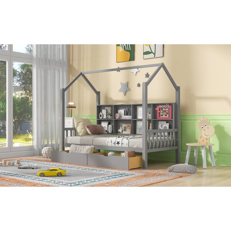Pine House Bed with 2 Drawers, Shelf, Headboard & Footboard