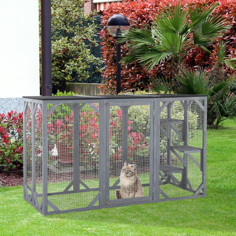 PawHut Wooden Outdoor Cat House Catio Kitten Enclosure Indoor Cage with Asphalt Roof, Multi-Level Platforms and Large Enter Door - Grey