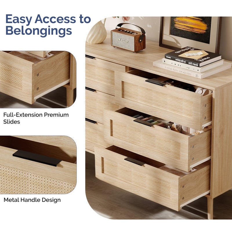 Oak 15MM P2 Density Board Solid Legs Real Rattan 47.2in 6-Drawer Cabinet