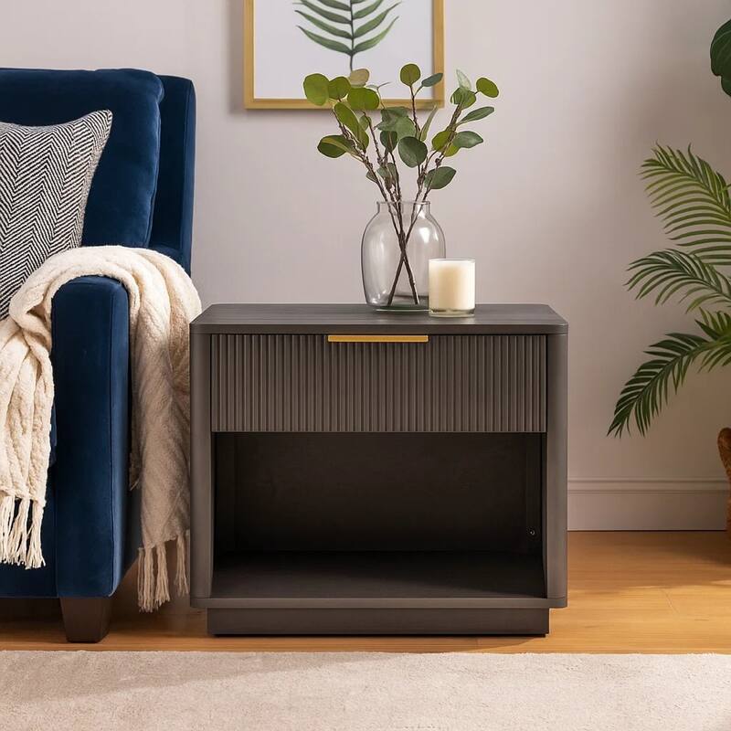 Noe Celia Nightstand, Retro Gray Rubberwood and Faux Wood, 32 Inch