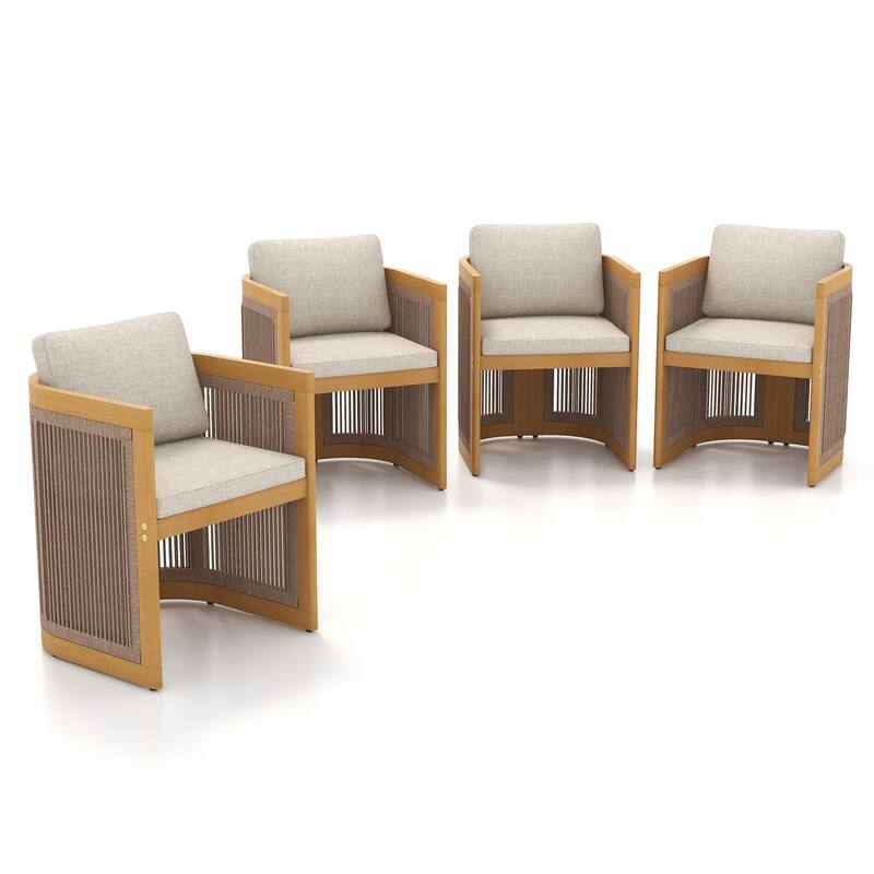 Outdoor Wooden Rope Woven Armchairs with Olefin Cushions, Set of 4