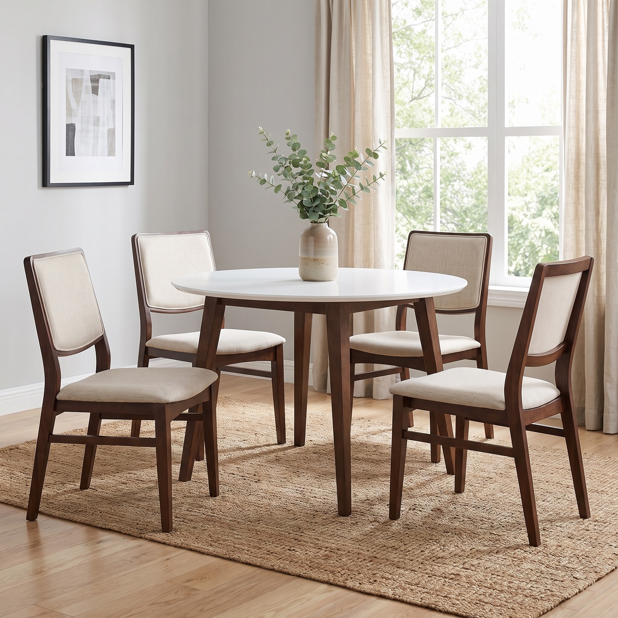 Homy Casa 5-Piece Mid-Century Modern Round Dining Set, 43.3-Inch White Table with 4 Beige Upholstered Wood Chairs.