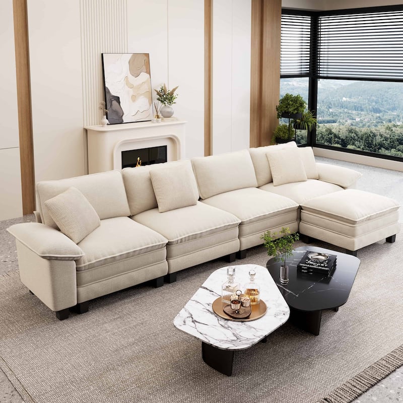 MAISON ARTS Modular Cloud Sectional Sofa, Comfy L- or U-Shaped Couch with Ottomans & Pillows, 4–6 Seat Living Room Sofa - Beige Chenille(5 Pieces) - Reversible