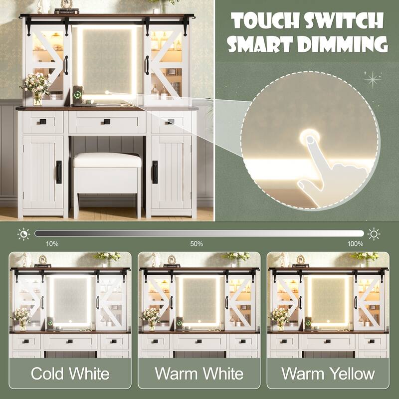 43.3" Farmhouse Vanity Set with LED Mirror & Charging Station