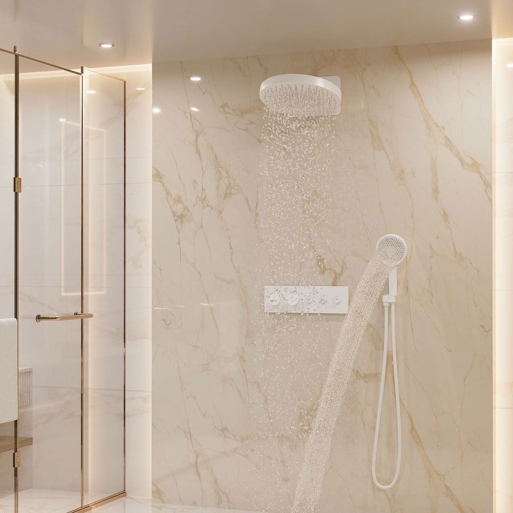 Luxury Thermostatic Shower System 5-Spray Patterns 16" Round Wall Mount Fixed and Handheld Shower Head - 15.7" x 15.7"