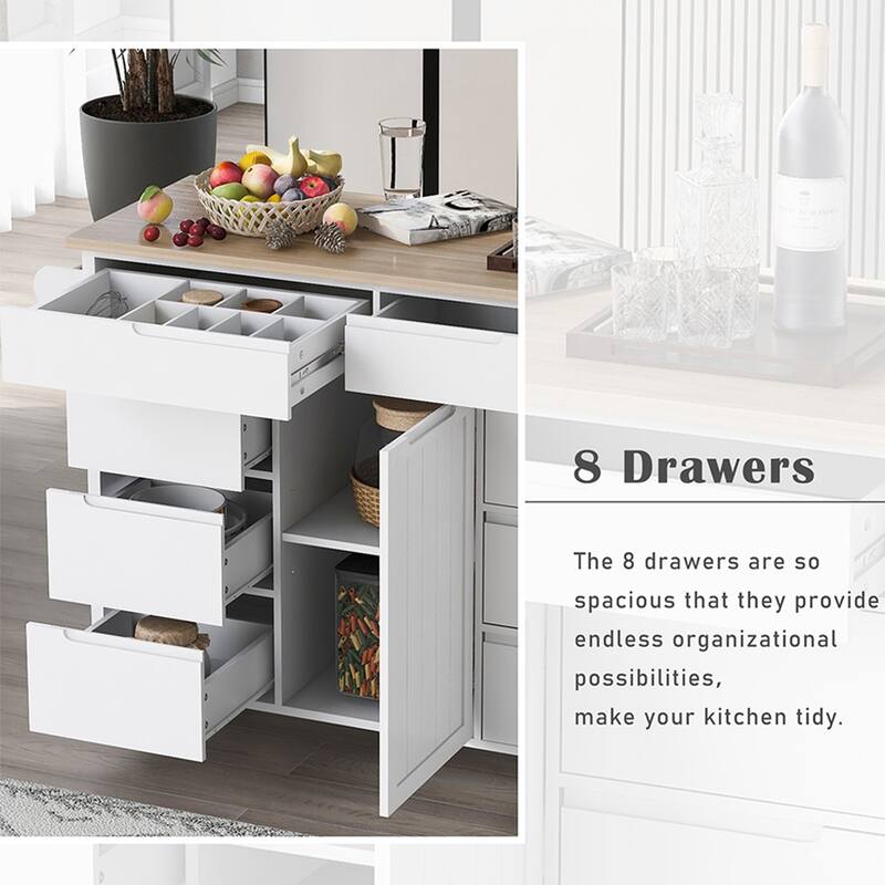 Kitchen Cart With Rubber Wood Countertop, Large Storage Space Flatware Organizer With Spice Rack, Towel Rack