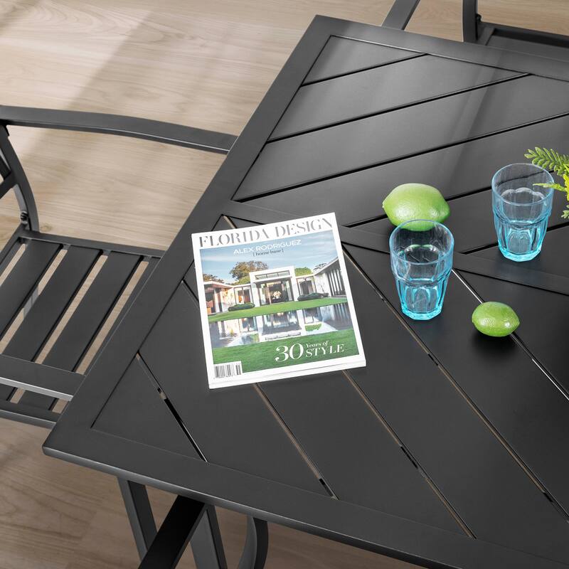 Outdoor Rectangle Iron Dining Table, Splice Tabletop with Umbrella Hole