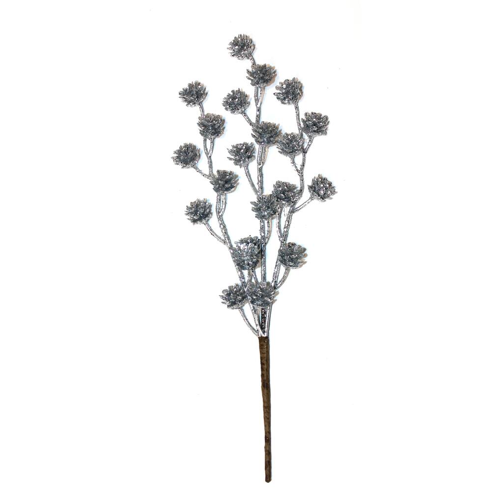 12" Christmas Glitter Plastic Pine Cones Branch Pick, Silver, Set of 6 - 12