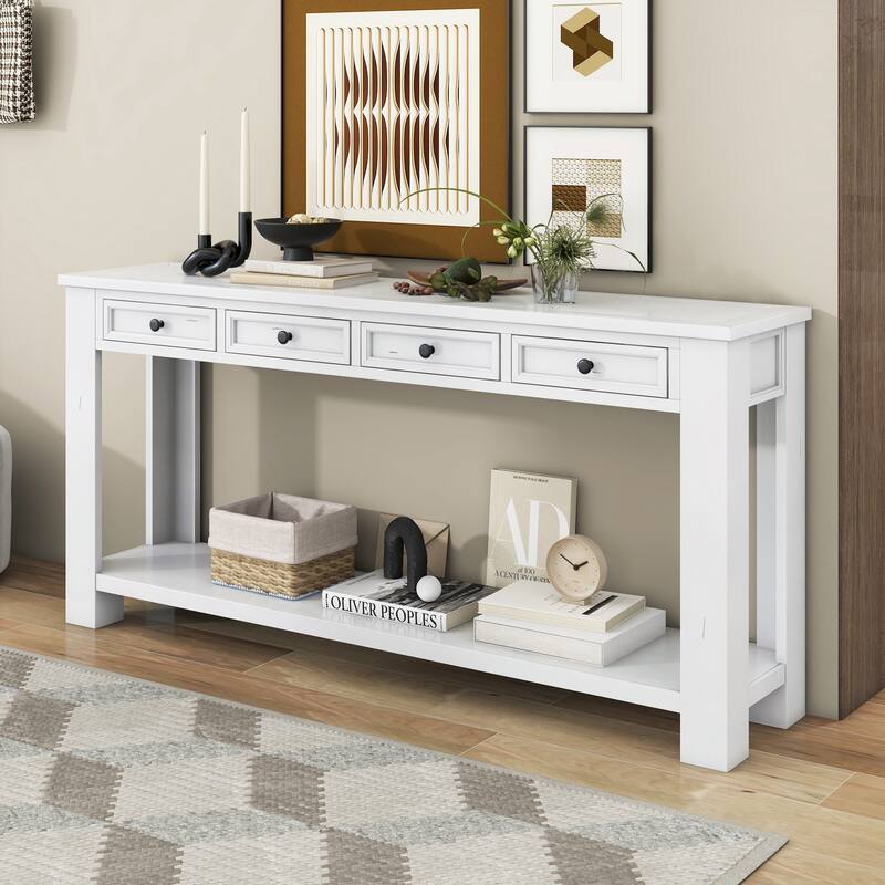 Antique White Console Table Entry Hallway Table, 63" Wood Rectangular Sofa Side Table with 4 Storage Drawers and Bottom Shelf