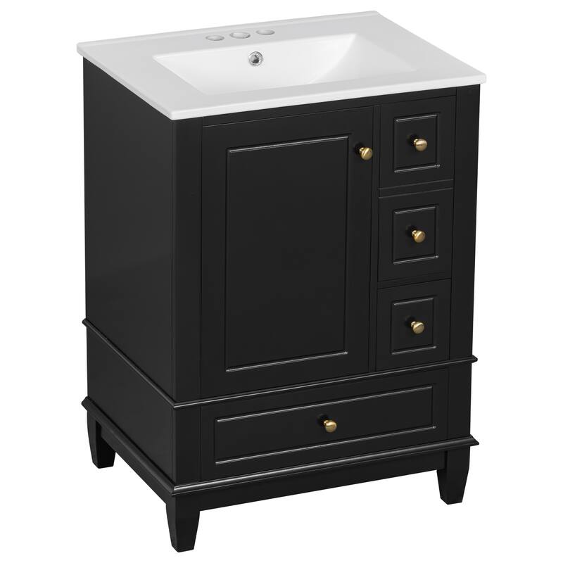 Roomfitters 24" Bathroom Vanity with Sink, Solid Wood Frame, 3 Drawers & Side Cabinet with Door Racks