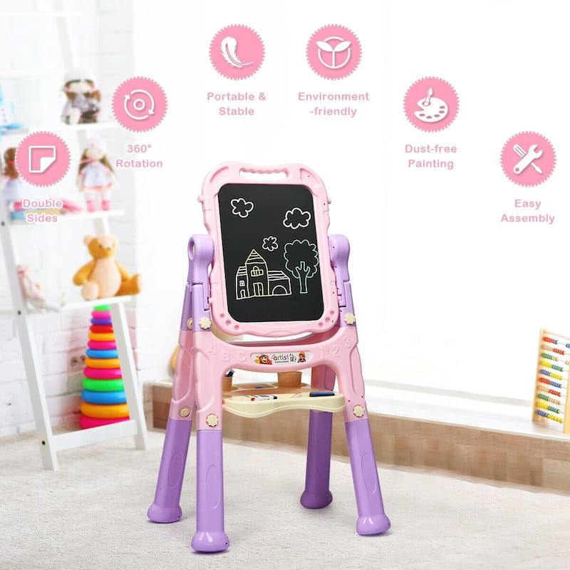 Height Adjustable Kids Art Easel Magnetic Double Sided Board-Pink - Pink - 24" x 17.5" x 43" (L x W x H)