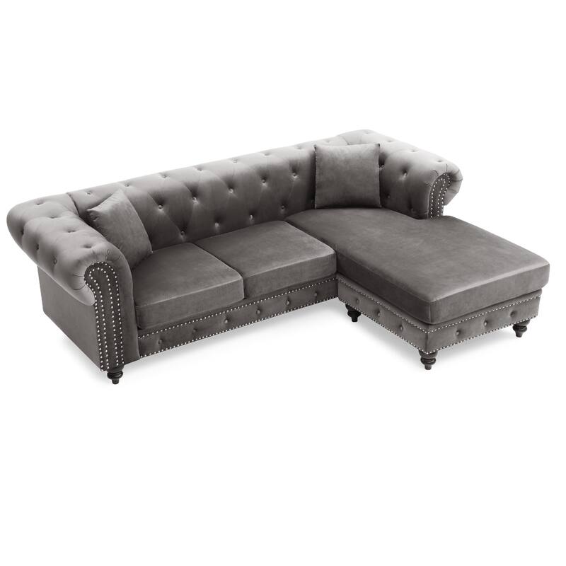 Tufted Velvet L-Shape 3-Seater Sectional Sofa with Throw Pillows - 98" - Dark Gray