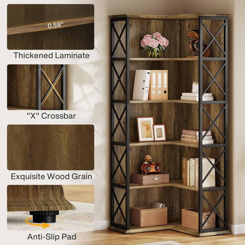 71 Inch Tall Corner Shelf, 5-Tier Industrial Corner Bookshelf, Wood and Metal L-Shaped Bookcase with Baffle
