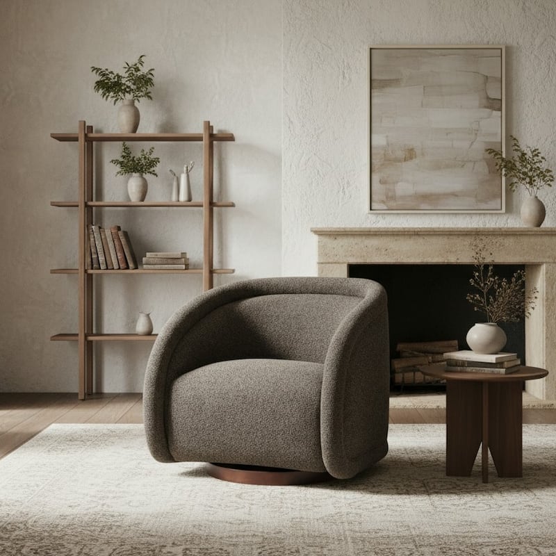 Scott Living - Sabbo Modern Boucle Upholstered 360° Swivel Accent Chair, Walnut-Finished Solid Wood Base & Ergonomic Curved Back