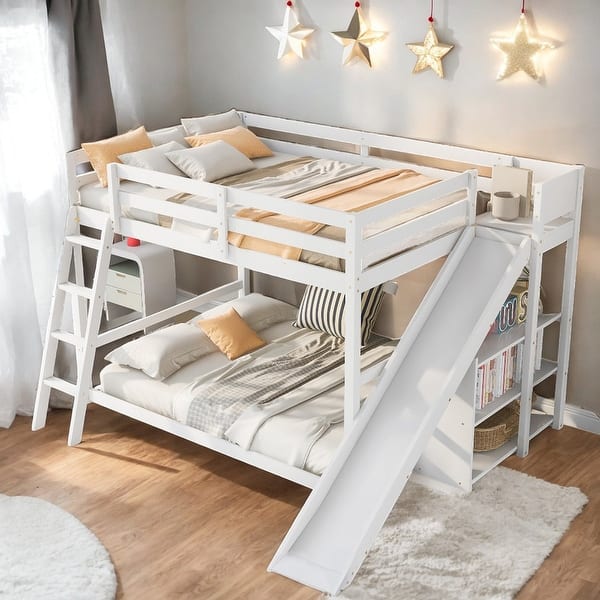 slide 2 of 16, Luxury Full over Full Bunk Bed with Ladder, Safety Guaranteed, Slide and Shelves, Maximized Space, Solid Construction, White White