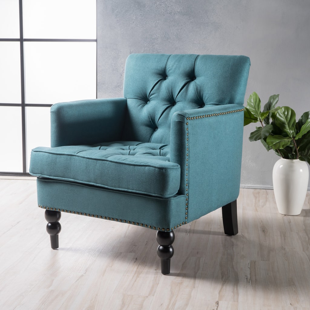 Teal Modern 28" Upholstered Button Tufted Club Chair with Rubber Wood Legs and Nailheads