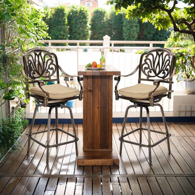Set of 2 Aluminum Swivel Bar Stools with Thick Comfortable Cushions and Footrests for Patio or Porch - 25.2"D x 25.6"W x 51"H