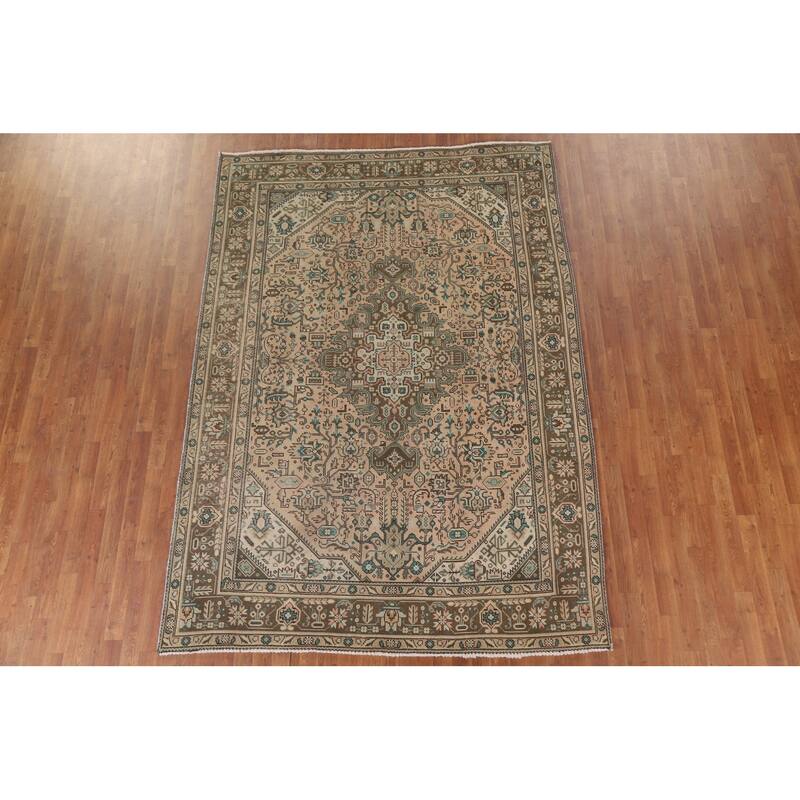 Hand Knotted Oriental 100% Wool Carpet Traditional Medallion Peach Tabriz Area Rug - 9' 5'' X 6' 7''