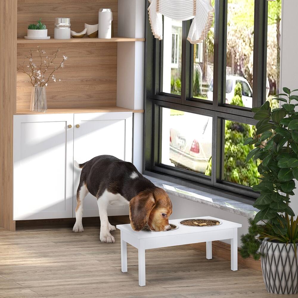 PawHut 23" Elevated Durable Wooden Heavy Duty Dog Pet Bowl Feeding Station - White