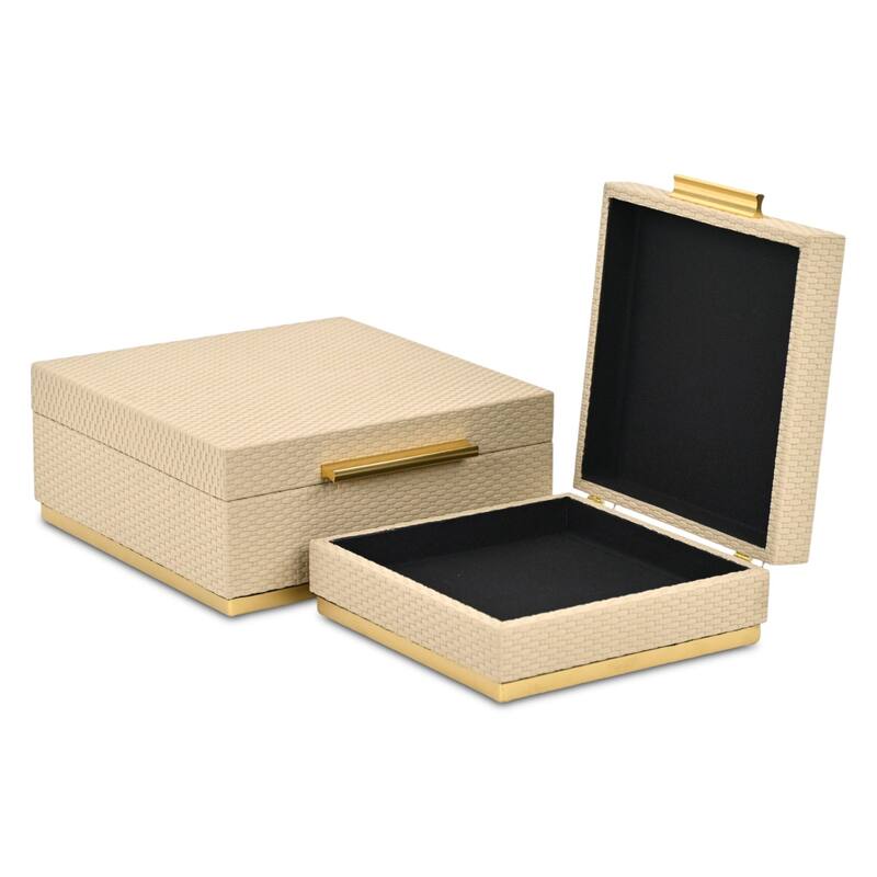 Tamsin Set of 2 Square Decorative Storage Boxes - Wicker Weave Pattern with Gold Hardware