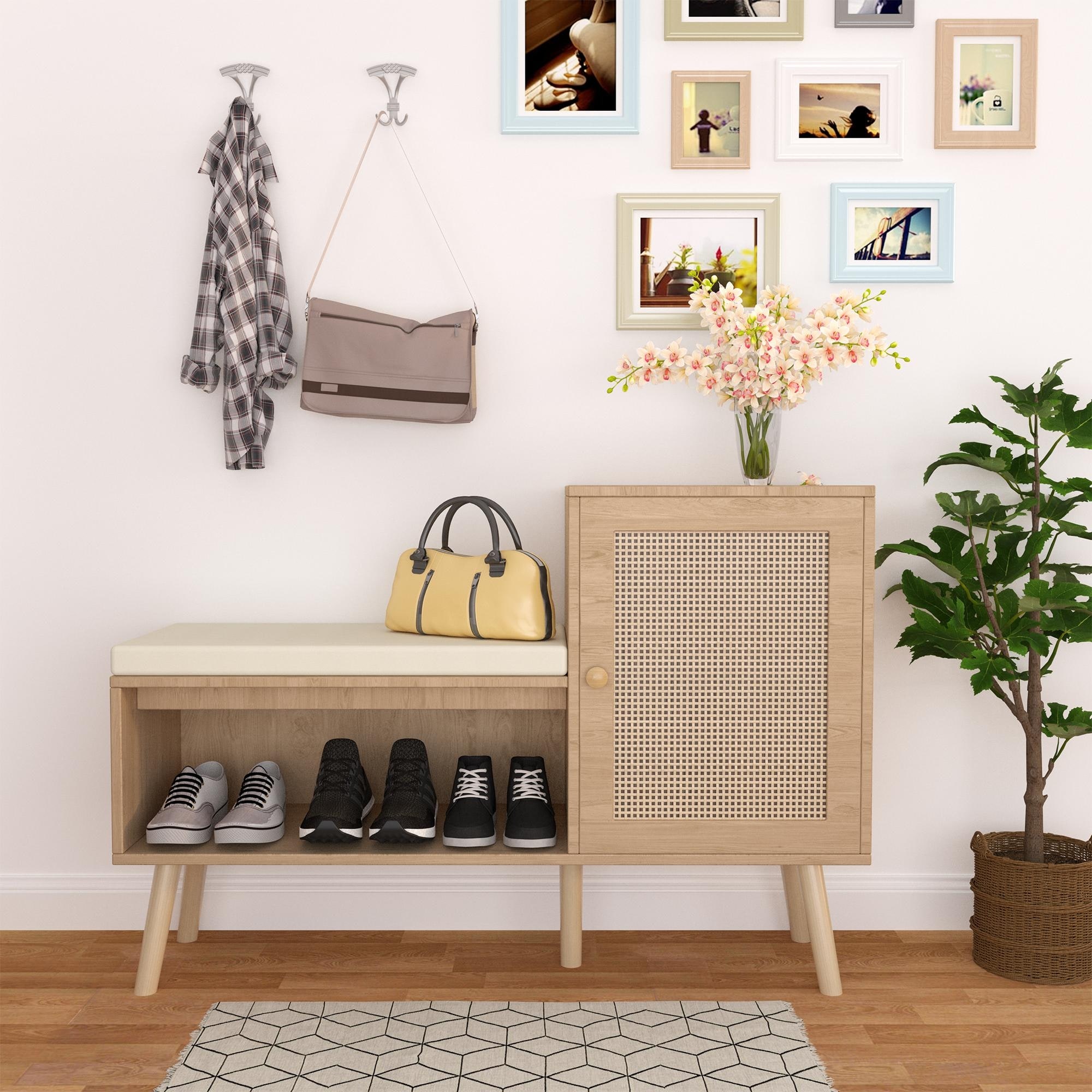 2-in-1 Rattan Shoe Bench with Hidden Storage & Cushioned Seat