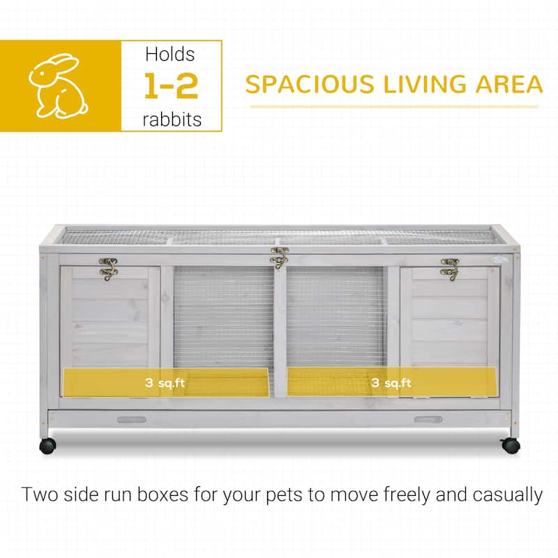 Light Grey Fir Wood Small Pet Hutch with Steel Wire and Slide-Out Tray - 54.3" L x 20.9" W x 24" H