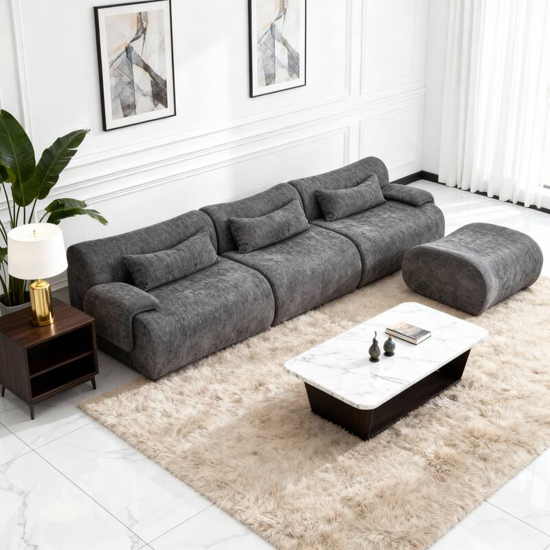 118" Boneless Couches for Living Room, Sectional Couches Modular Sofa with Ottoman, Memory Foam Cloud Couch - Grey