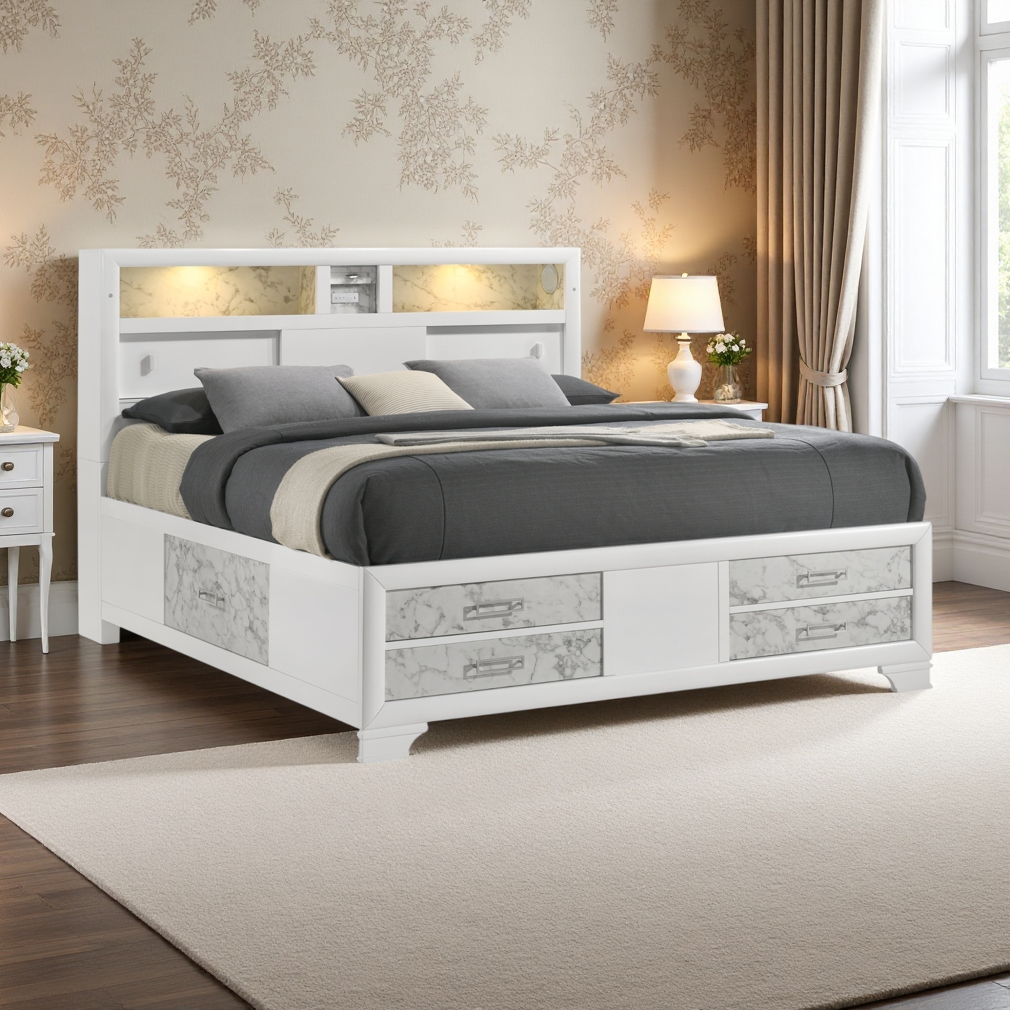 Queen Size Wood Platform Bed with Modern Style, Storage Drawers, and LED Lighting