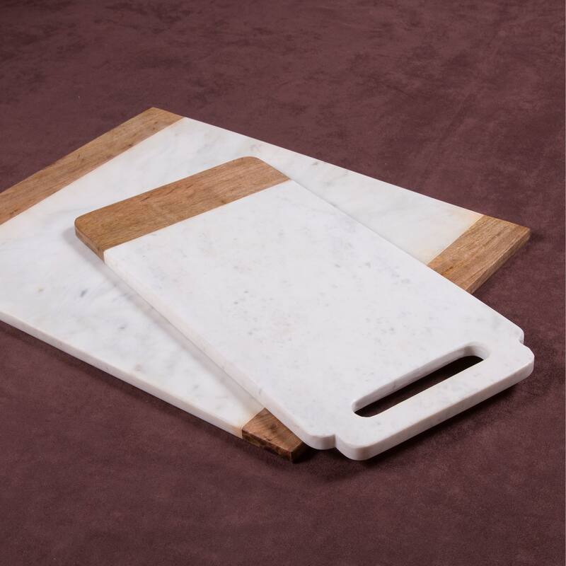 Creative Home Off-White Marble with Mango Wood Pastry Cheese Board Set (Set of 2)
