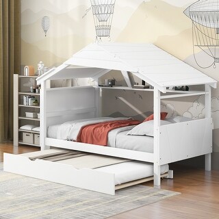 Twin Size House Bed Wood Slats Platform Bed Creativity Kids Bed Frame with Skylight, Storage Shelf, Trundle Bed