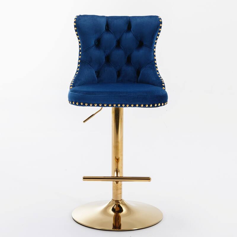 Furniture Set of 2 Swivel Velvet Bar Stools, Golden Base & Tufted Back, Adjustable Height 25-33" - Blue